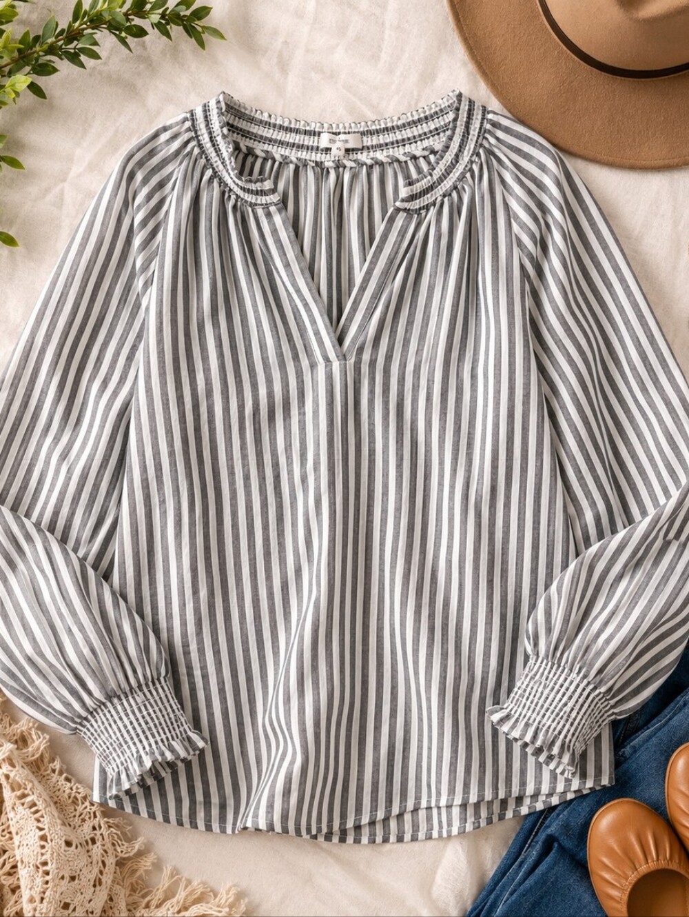 Maurices Gray & White Striped Smocked-Neck & Cuff Blouse